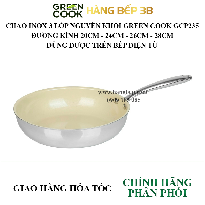 Chảo inox Green Cook GCP235-20IH - Sản phẩm mới 2024 - Chảo dùng được trên bếp từ, bếp hồng ngoại, bếp gas