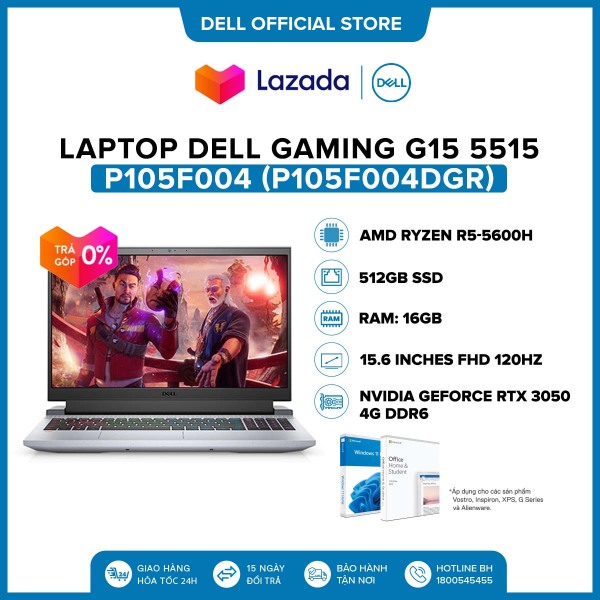 Laptop Dell Gaming G15 5515 15.6 inches FHD (AMD R5-5600H / 16GB / 512GB SSD /  NVIDIA GeForce RTX3050, 4GB / Office Home & Student 2021 / Windows 11) l Grey l P105F004 (P105F004DGR)