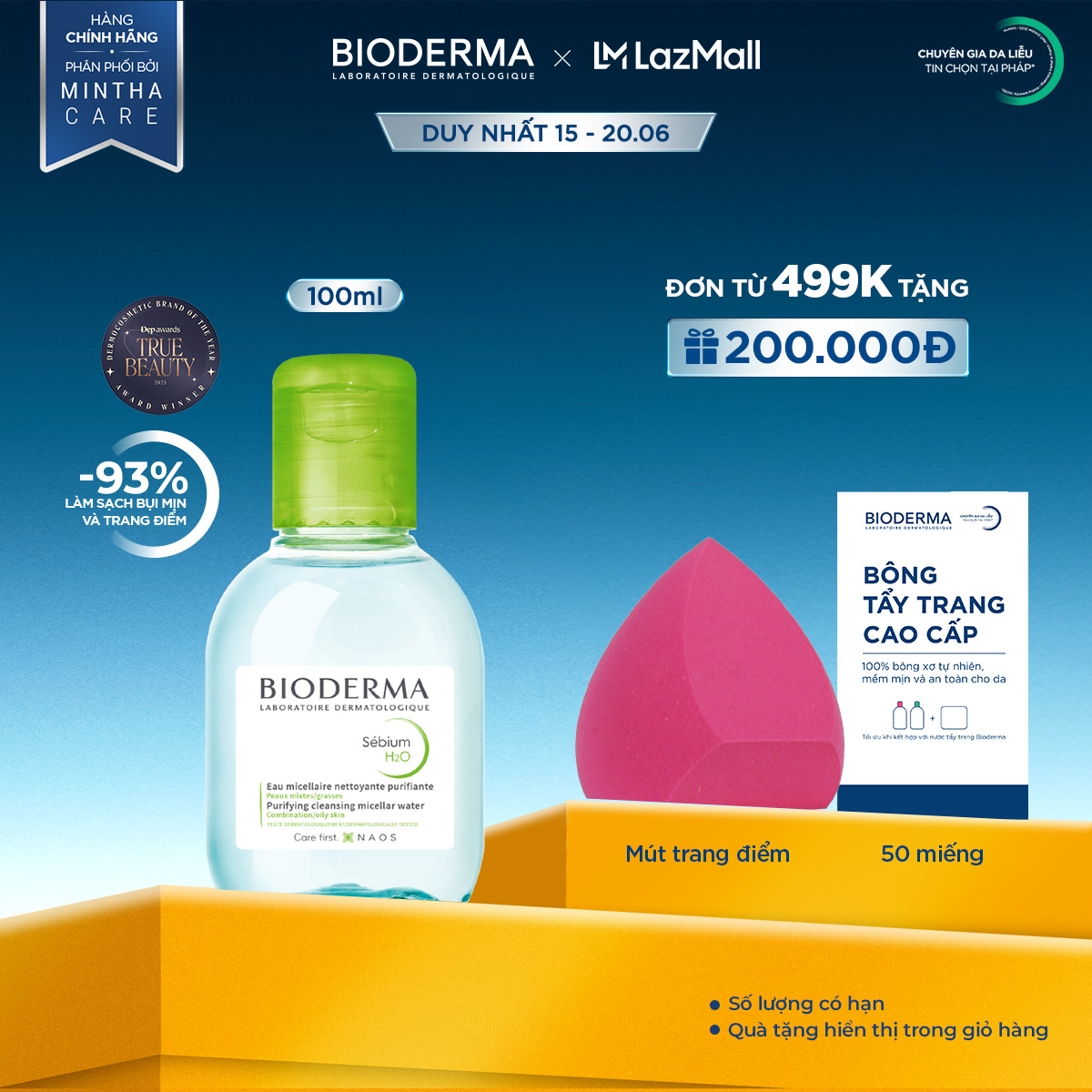 Dung dịch làm sạch và tẩy trang micellar cho da hỗn hợp và da dầu Bioderma Sebium H2O - 100ml