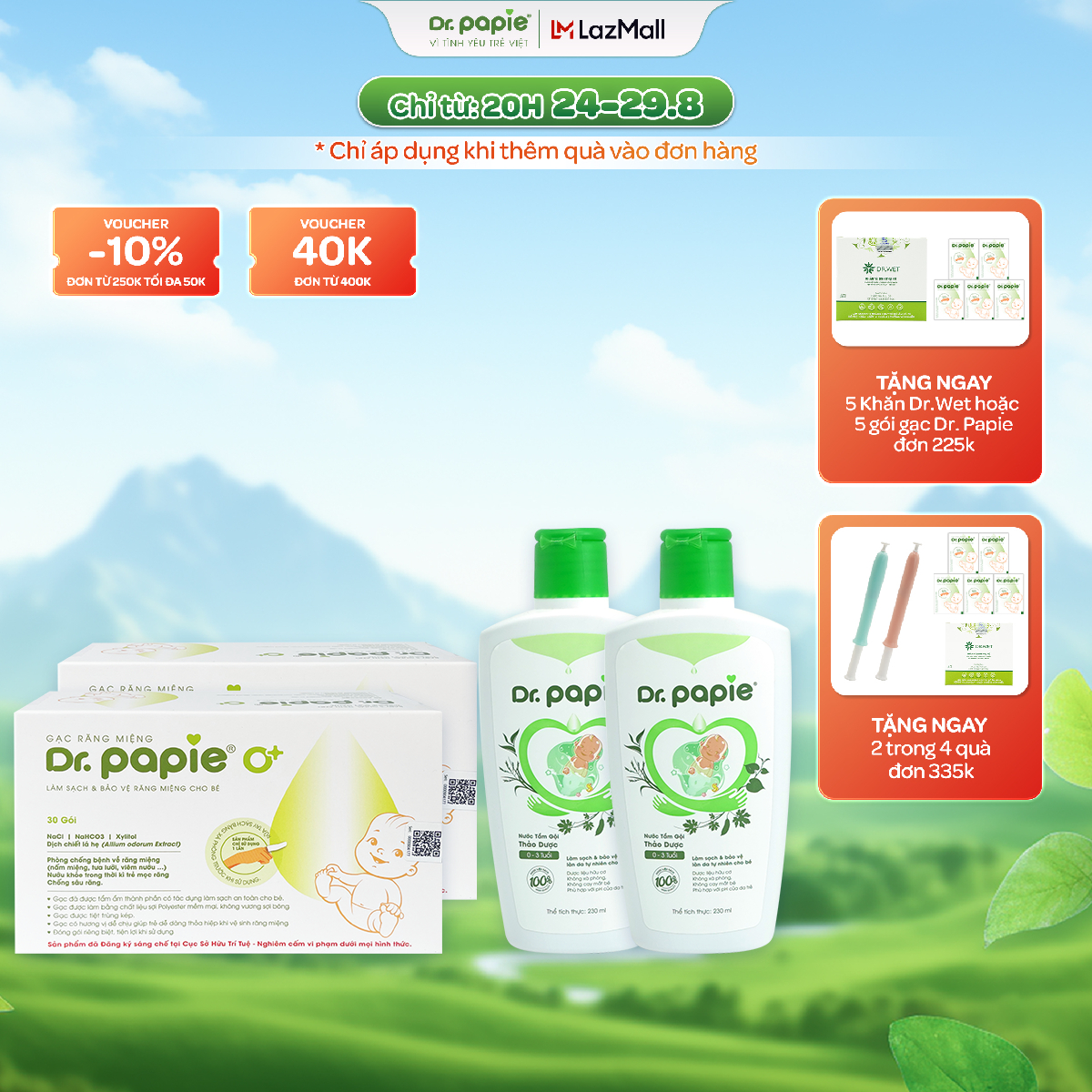 Combo 2 Nước Tắm Thảo Dược 230ml Và 2 Gạc Rơ Lưỡi Hộp 30 Gói DR. PAPIE Chăm Sóc Sức Khỏe Toàn Diện Cho Bé