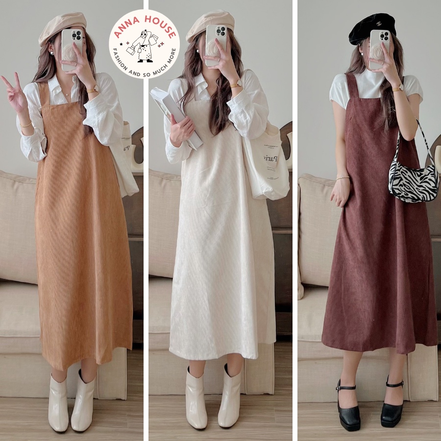 Yếm váy nhung tăm nữ suông rộng dáng dài nhiều màu, váy yếm nữ hai dây quai to dáng dài nhung gân form rộng vintage