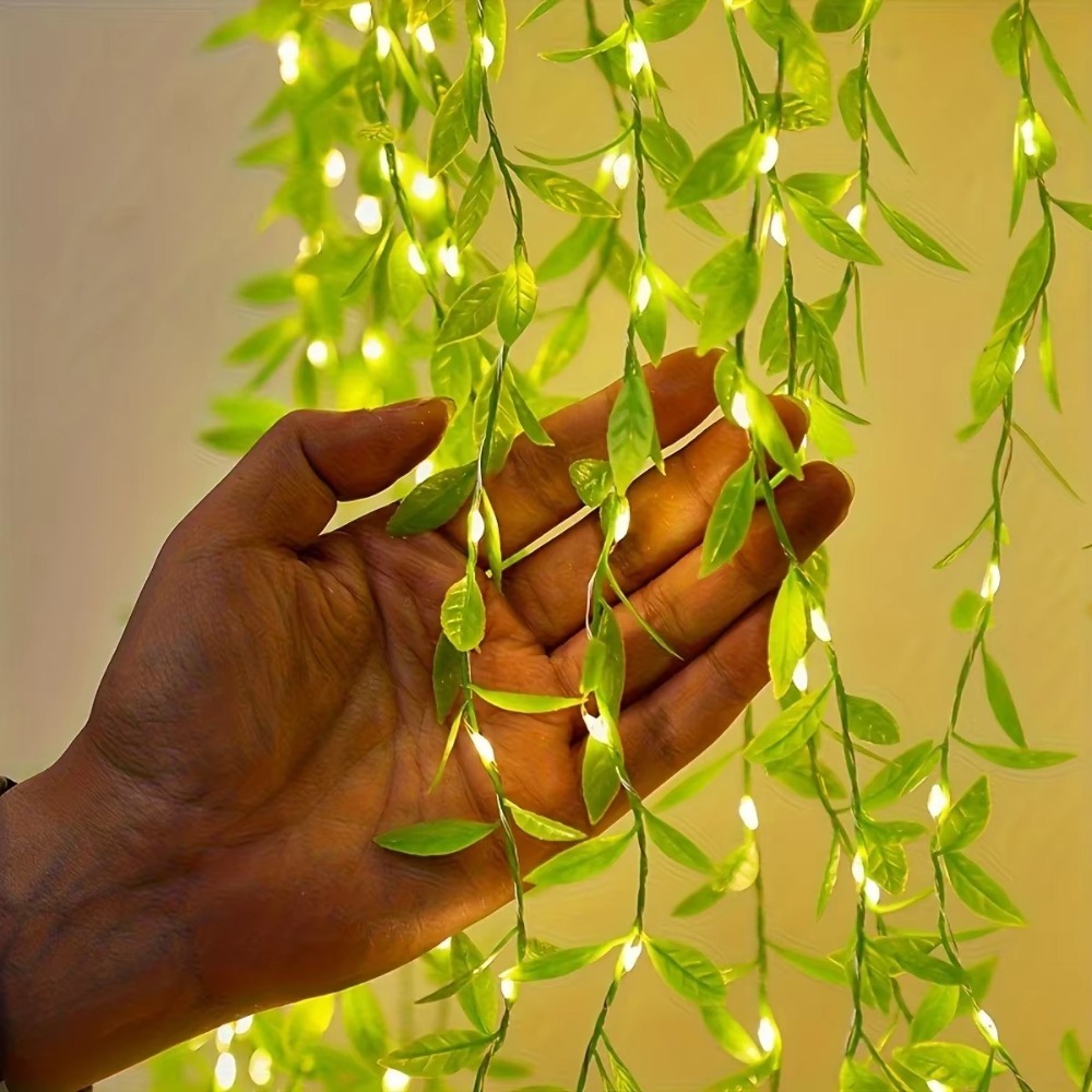 NUBE Always on Willow Curtain Lamp Battery Box 2M 20Light String Imitation Leaf String Light Fashion Fake Plants Vine Artificial Flowers Wedding Party Decoration