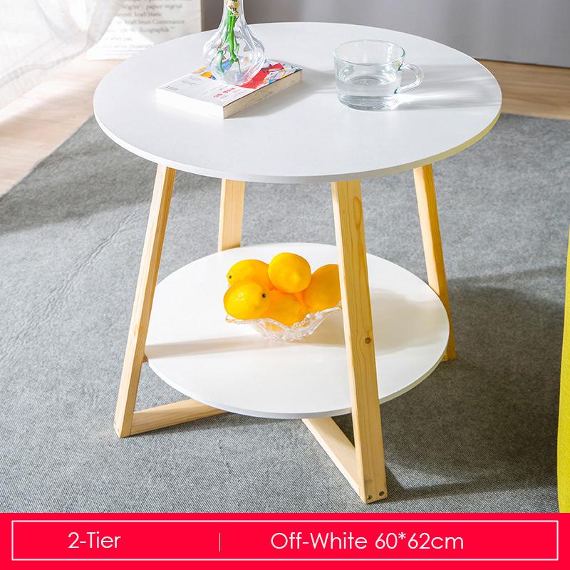 2-Tier White Round Coffee Table With Wooden Base
