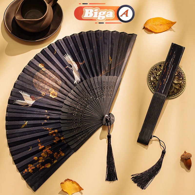 Quạt vải lụa thân tre cổ trang cách Trung hoa, dùng làm quà tặng quạt múa sự kiện
