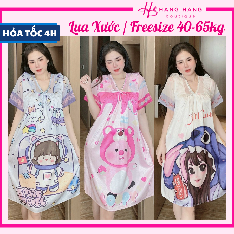 Đầm ngủ tiểu thư cổ v tay voan lụa xước dáng rộng dài 40-65kg, đầm váy ngủ lụa cute dễ thương bầu bì mặc nhà xinh