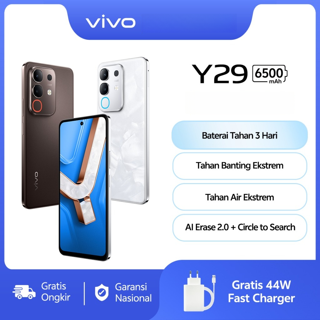 vivo Y29 [6/128 GB] [8/128 GB] [8/256 GB] - Design Marmer Eksklusif, 6500mAh Tahan 3 Hari, Tahan Banting Ekstrem, AI Erase 2.0 + AI Circle to Search Harga 2,399,000 rupiah*Gratis Ongkir