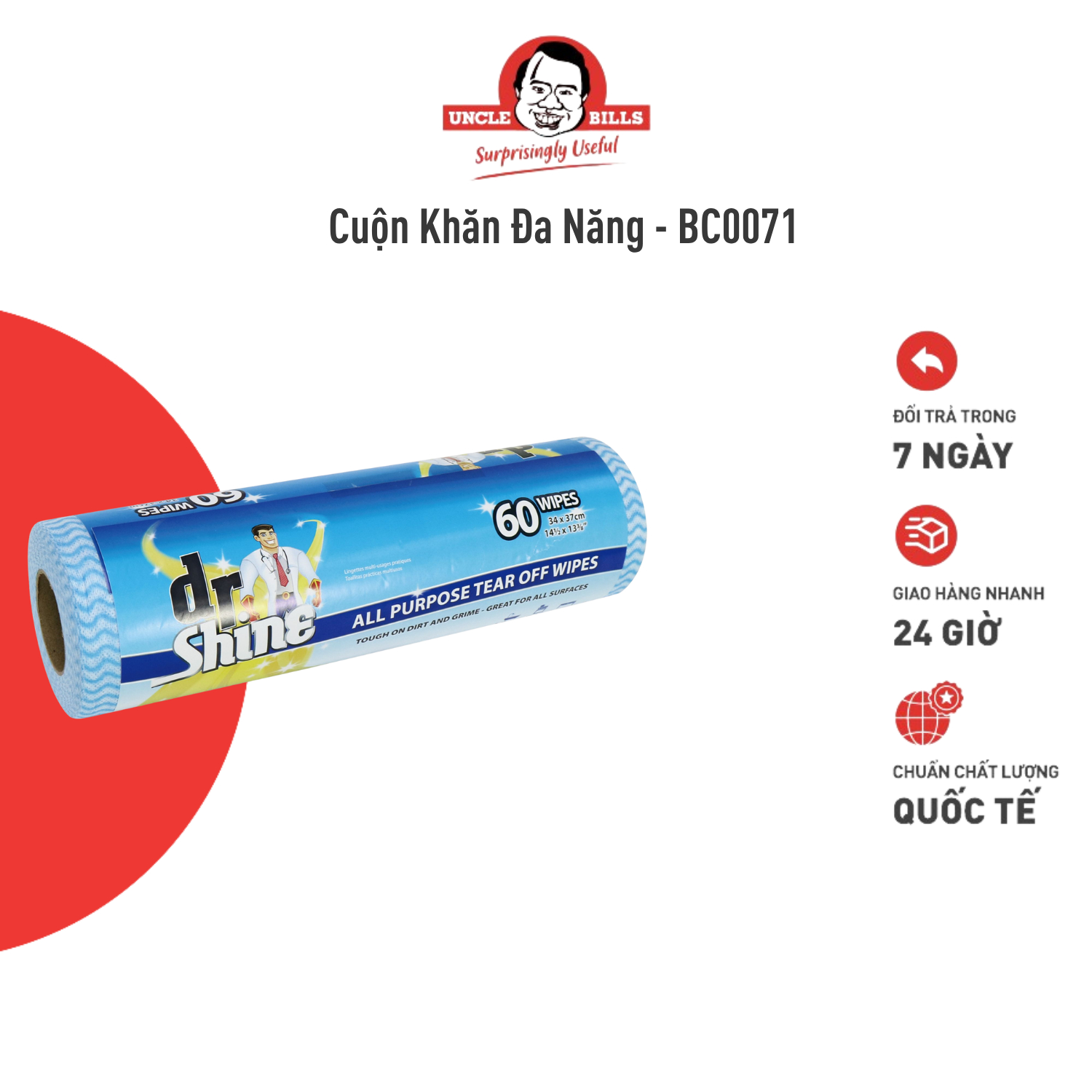 Cuộn khăn lau đa năng 60 miếng 37x34cm uncle bills bc0071