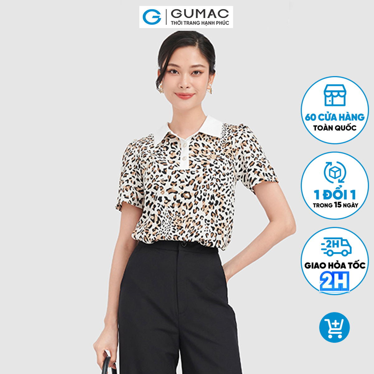 Áo sơ mi nữ gumac, áo sơ mi cổ trụ da beo bâu phối la0923