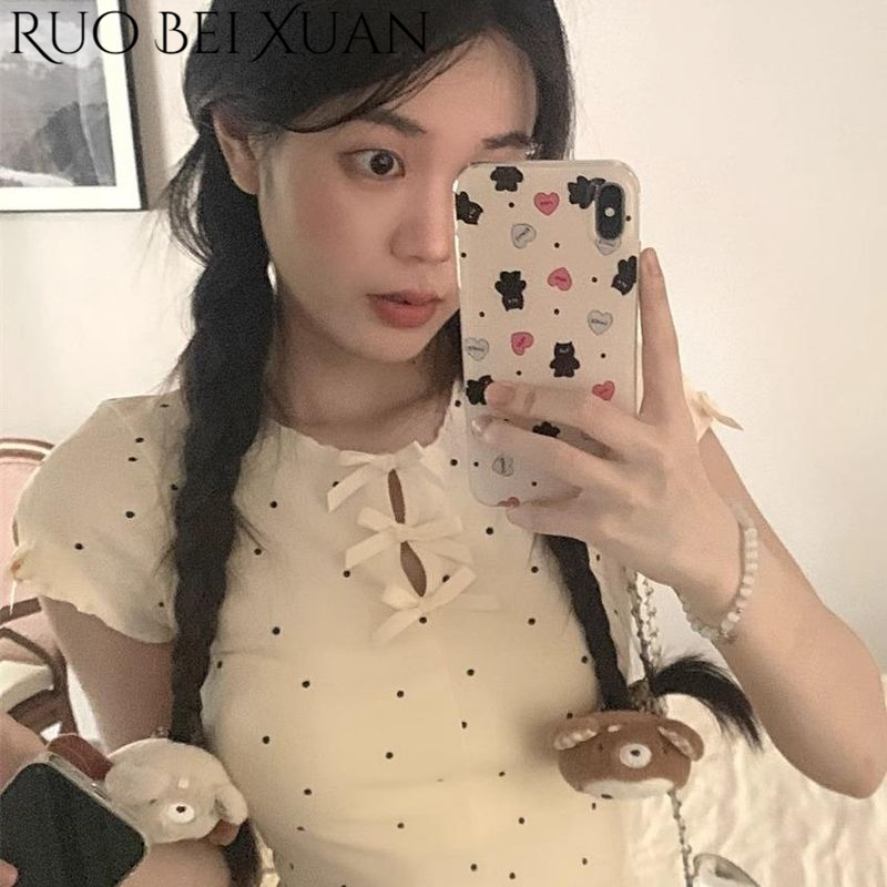 Ruo Bei Xuan Cute Polka Dot Knit Top with Bow Detail for Summer ราคา 130 บาท*ส่งฟรี