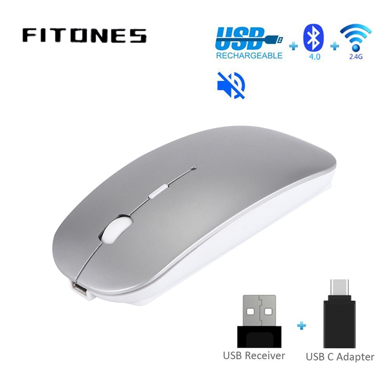 Chuột không dây chuột bluetooth câm 10m sạc chuột công thái học máy tính xách tay siêu mỏng phẳng chuột USB 4.0 + 2.4G + Type-C chuột đen