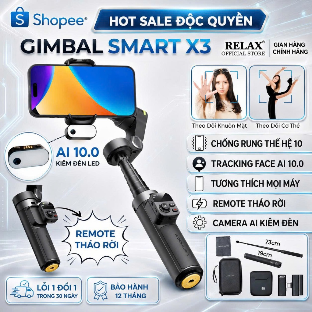 Gimbal SMART X3 cao cấp bản 2026, gimbal chống rung điện thoại, gymbal chống rung cho điện thoại X3 xoay 360 độ có Ai, Kéo dài 62cm, hỗ trợ quay video chụp ảnh live