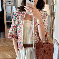 ZANZEA Women Retro Half Sleeve Folk Printed Cardigans Crew Neck Streetwear Stitch Kimono Tops#0825