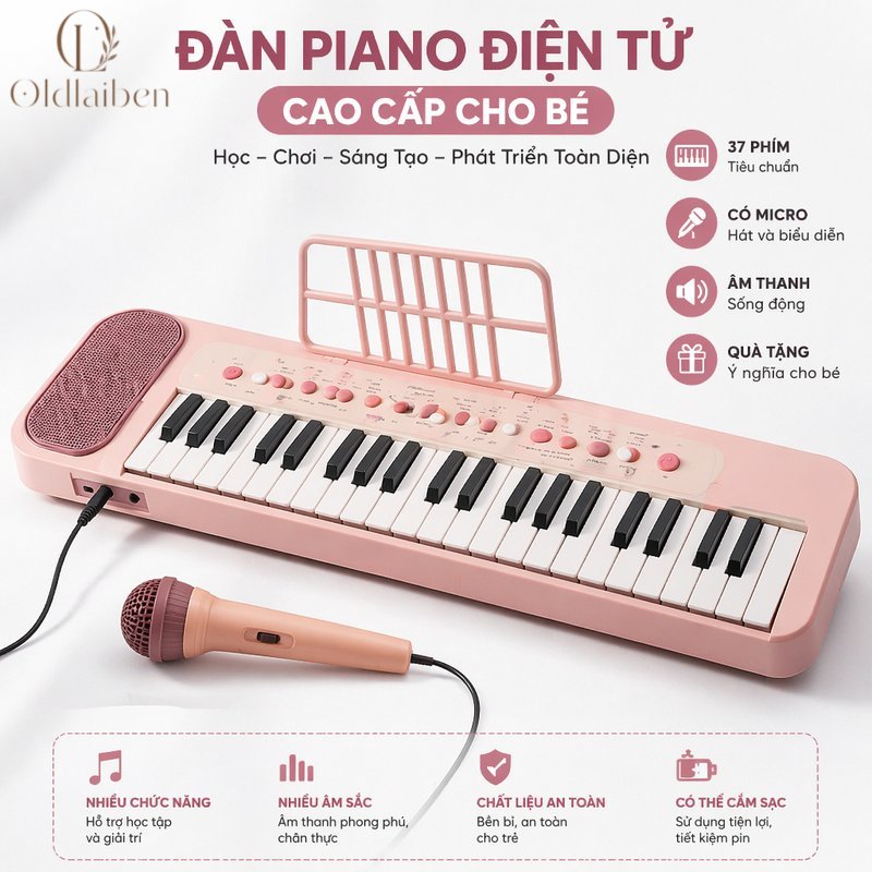Oldlaiben đàn piano điện tử 37 phím bàn phím nhạc cụ trẻ em học nhạc âm thanh stereo có loa pin sạc xách tay