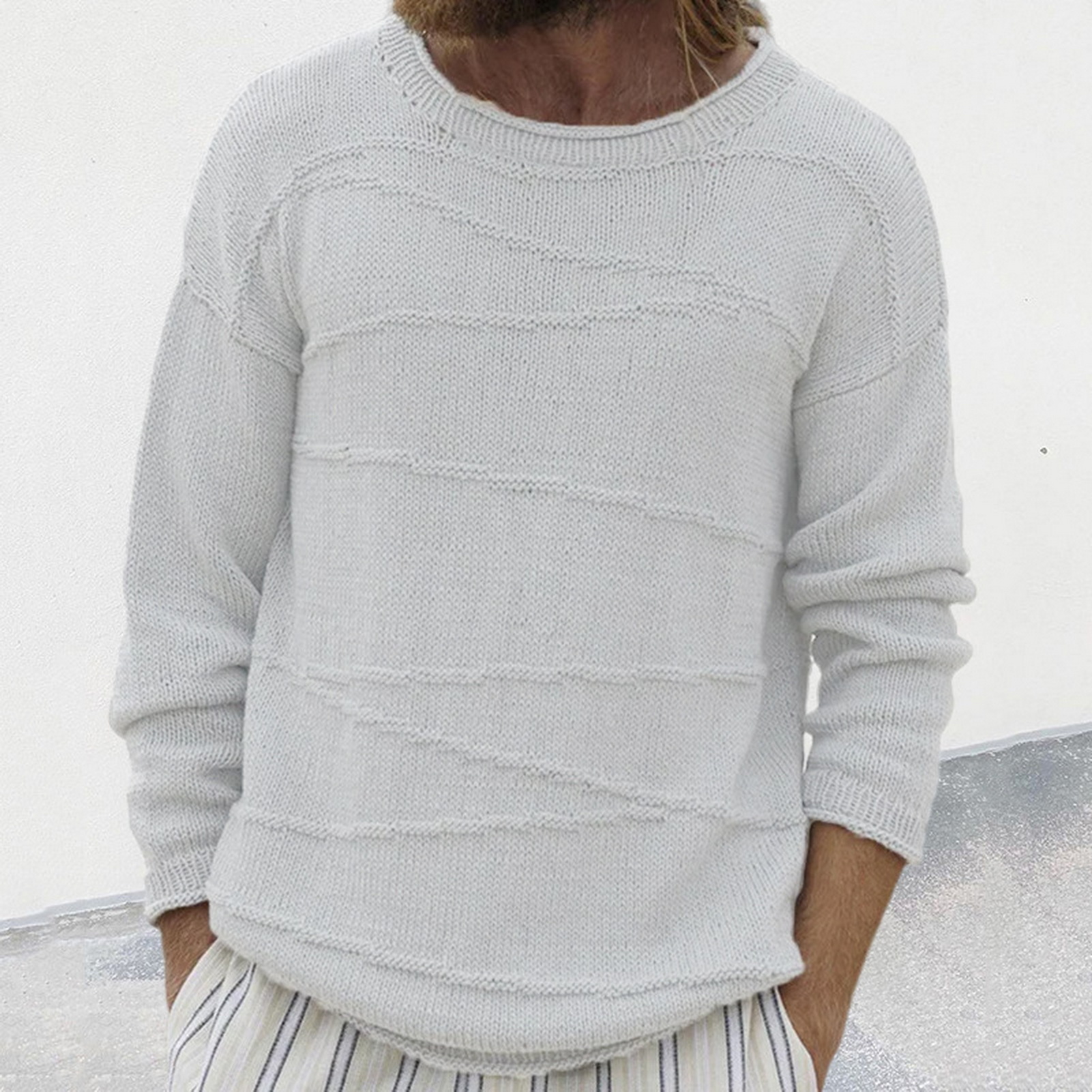 Men Solid Color Sweater Ribbed Cuff Sweater Cozy Men's Winter Sweater Loose Fit Ribbed Cuffs and O-neck Design Perfect771_voghion.com