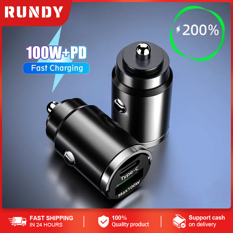 RUNDY Car Charger Dual Port 12-24V For Laptop Tablet Quick Charging Mobil 100W Quick Charger USB Type-C Car Chargers Giá 45,000 Đồng*Miễn phí vận chuyển