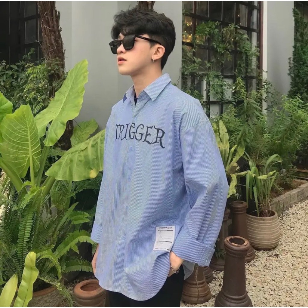  COD Áo Sơ Mi Trigger Kẻ Sọc Xanh Xám Dài Tay Vải Cotton Lụa Cao Cấp Phong Cách SDFSD 
