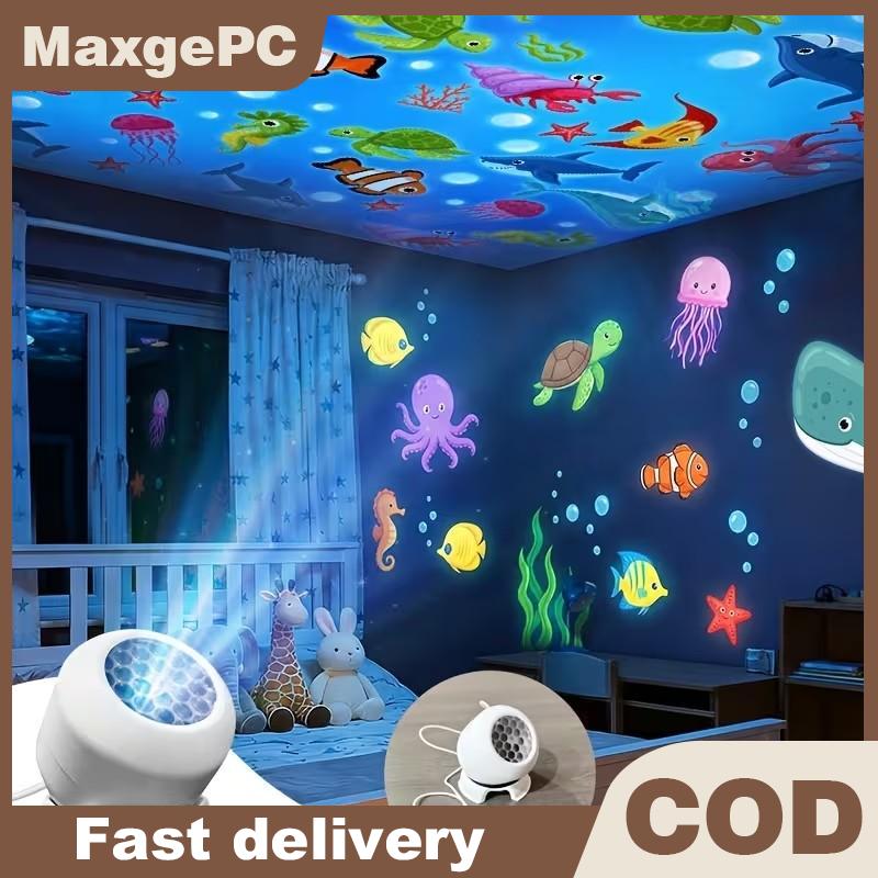 MaxgePC Đèn chiếu LED đại dương đầy sao đèn ngủ chiếu hình động xoay chuyển chủ đề đại dương đèn tạo không gian cắm USB đèn trang trí