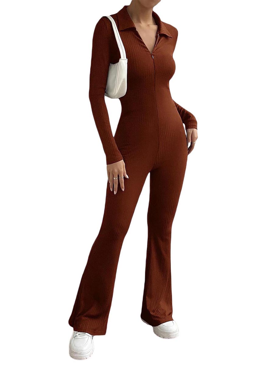 Women Jumpsuit, Long Sleeve Turn-down Collar Zipped Solid Ladies Flare Pants for Daily Party