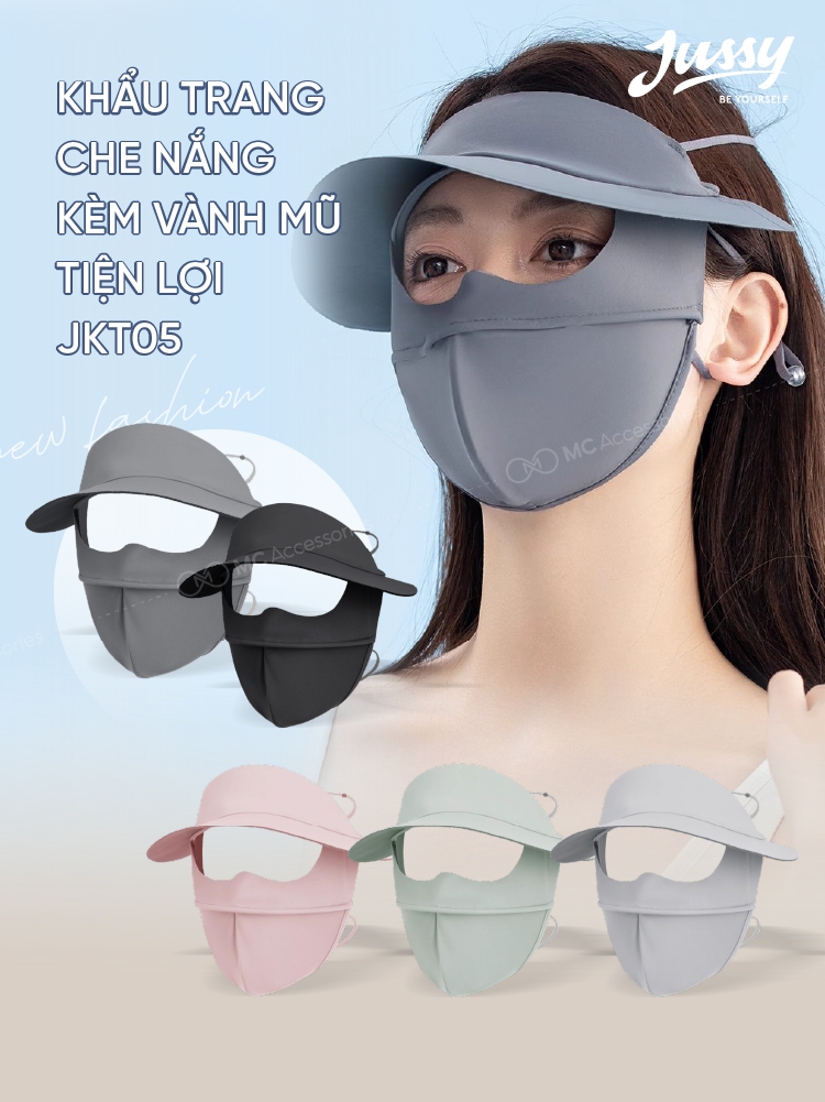 Khẩu Trang Chống Tia UV Kèm Vành Mũ Che Nắng JKT05 Jussy Official Vải Thun Lụa Băng Mát Lạnh, Ngăn Bụi Mịn, UPF50+