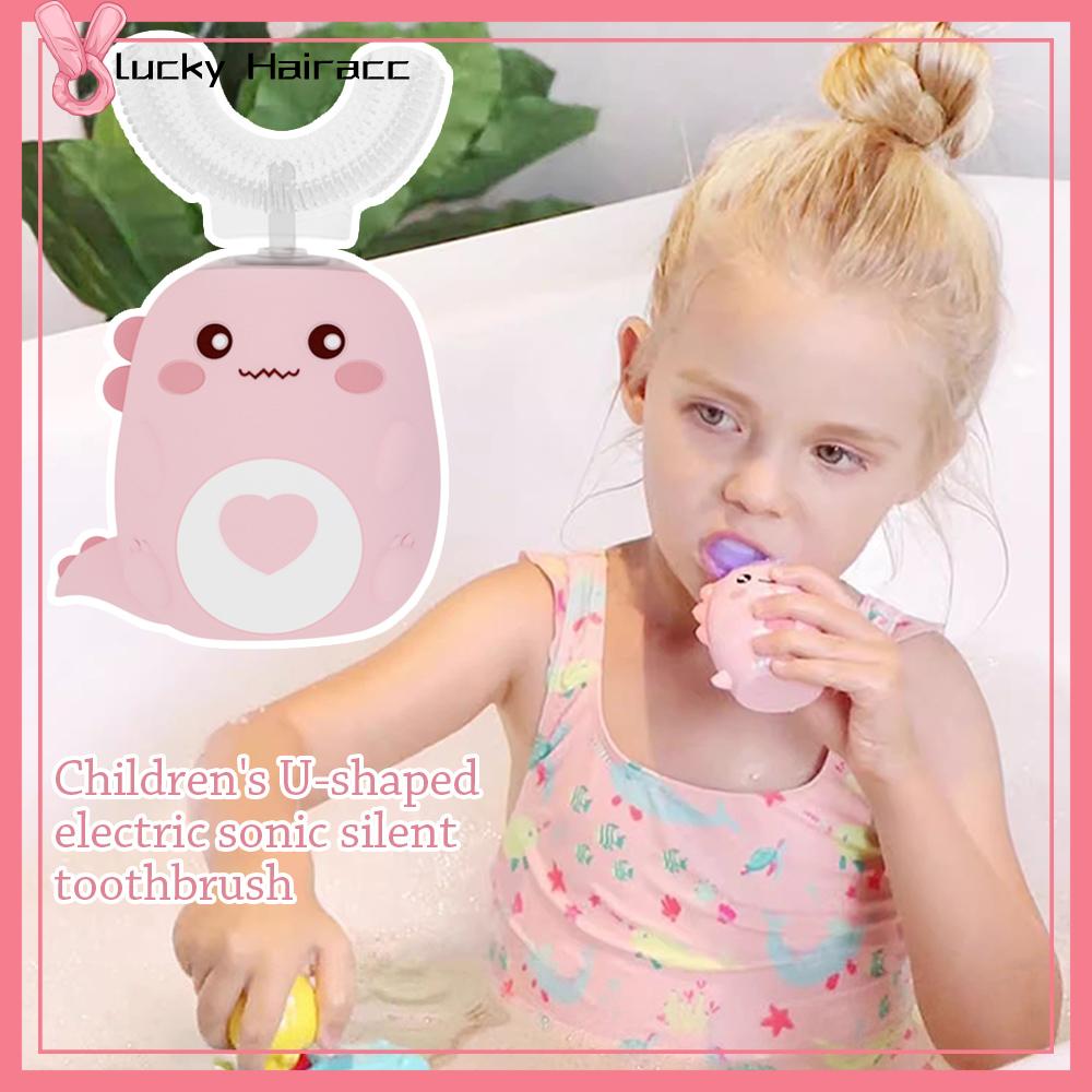 LUCKY HAIRACC 2-6 Years Đầu bàn chải silicon Bàn chải đánh răng trẻ em Hình chữ U Điện Bàn chải đánh răng làm sạch sóng âm Dễ thương Không thấm nước Bàn chải đánh răng cho bé Dụng cụ đánh răng