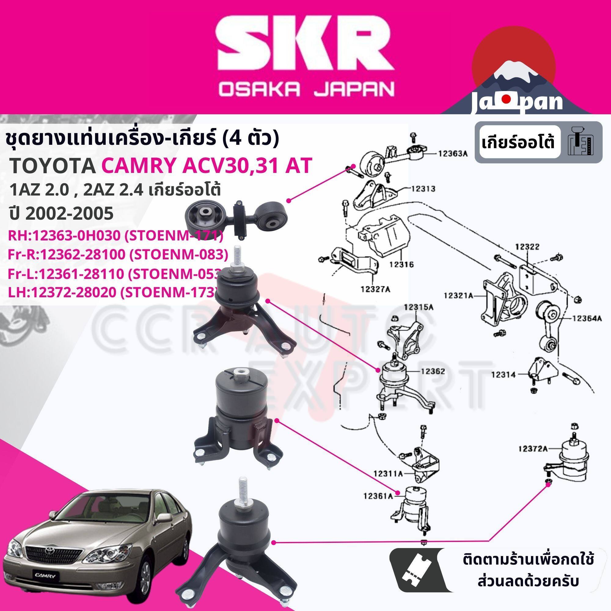 [SKR Japan] OEM Quality Engine Mount for Toyota Camry ACV30,ACV31 2.0,2.4 1AZ,2AZ AT ปี 2002-2005 set of pcs 12363-0H030 (RH)+ 12362-28100 (FR-RH) + 12361-28110 (FR-LH) +12372-28020 (LH) ราคา 1,557 บาท*ส่งฟรี