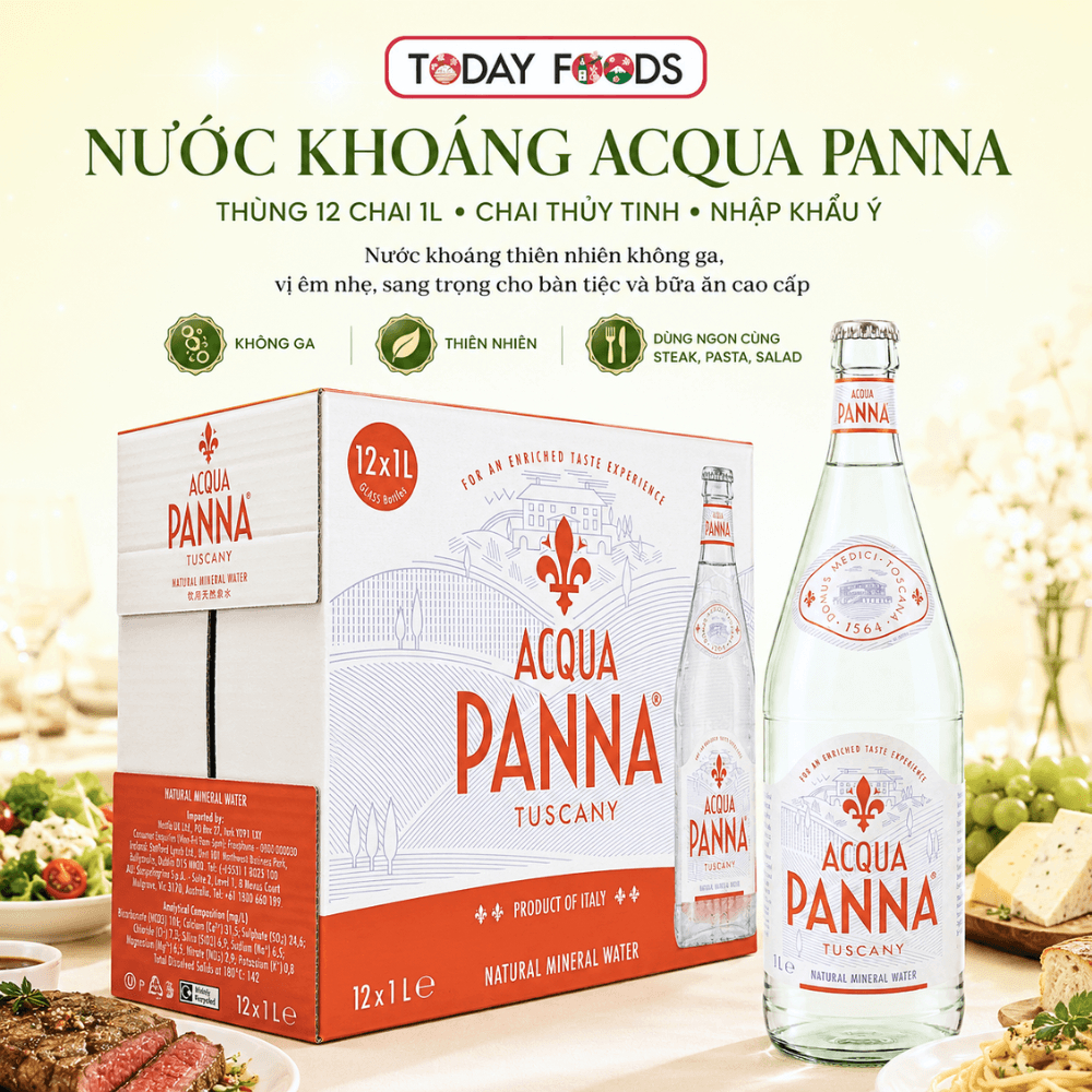 Nước khoáng Acqua Panna thùng 12 chai 1L | Nước khoáng thiên nhiên không ga chai thủy tinh nhập khẩu Ý