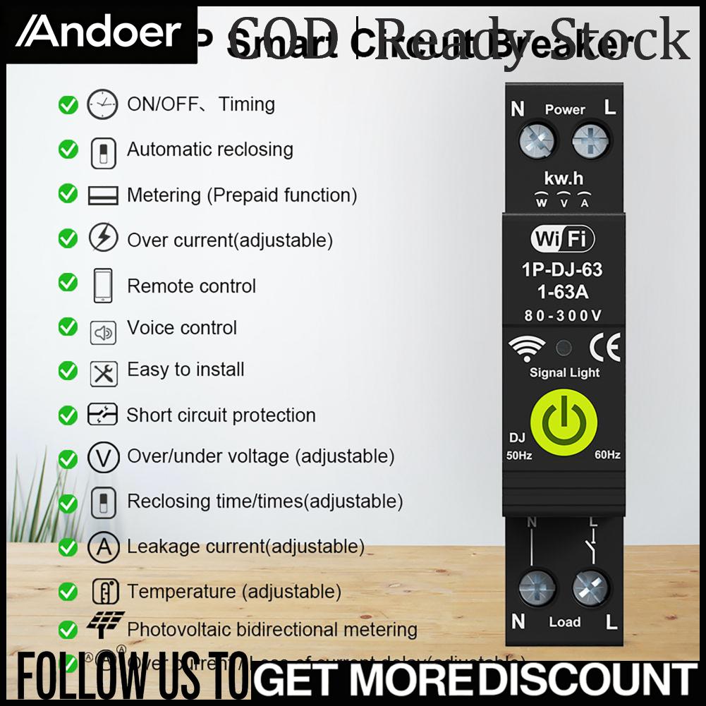 Andoer Tuya WiFi เบรกเกอร์อัจฉริยะ ON OFF Timing พลังงานแสงอาทิตย์การวัดแบบสองทิศทางเครื่องวัดพลังงานตัวป้องกันการปิดอัตโนมัติพร้อมฟังก์ชั่นการวัดแสงและเติมเงินเข้ากันได้กับ Alexa และ Assista ราคา 737 บาท*ส่งฟรี