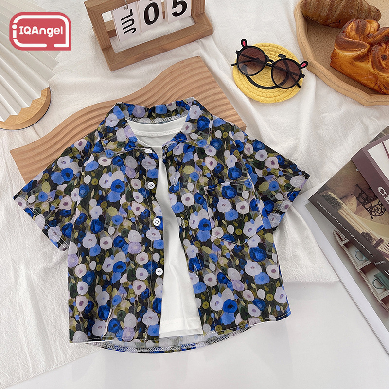 IQANGEL Children's short-sleeved shirts for boys and girls, new children's all-over printed tops, baby cartoon casual shirts ราคา  162 บาท*ส่งฟรี