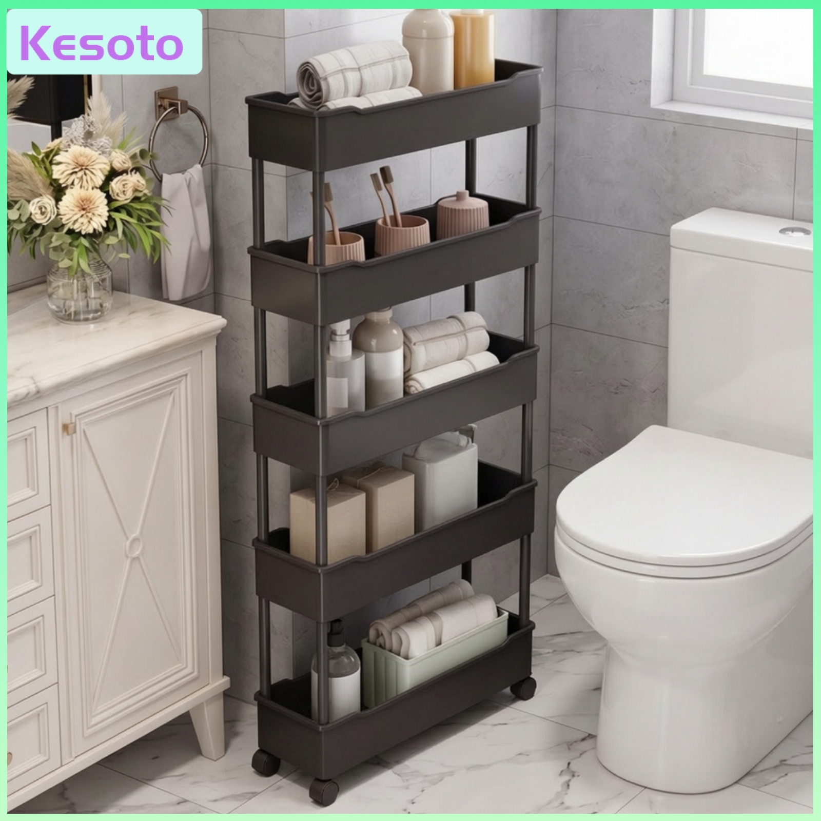 ชุดเครื่องนอนและห้องน้ำ Kesoto รถเข็นเก็บของทรงสูงขนาดกะทัดรัด รถเข็นเก็บของแบบม้วนง่ายแบบบาง ที่เก็บของแข็งแรงทนทานสำหรับห้องซักรีด ราคา 2,186 บาท*ส่งฟรี
