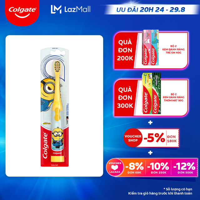 [Ưu đãi 20H 24.8 - 29.8_Áp voucher Colgate 5% + voucher LZD 8%]Bàn chải điện Colgate Minion dành cho trẻ em làm sạch sâu dịu nhẹ