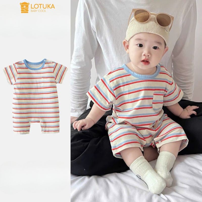Bodysuit Đùi Kẻ Đáng Yêu Cho Bé LOTUKA, Bộ Liền Thân Cộc Tay Thun Lạnh Thoáng Mát, Quần Áo Trẻ Em Mùa Hè Size 3-12kg