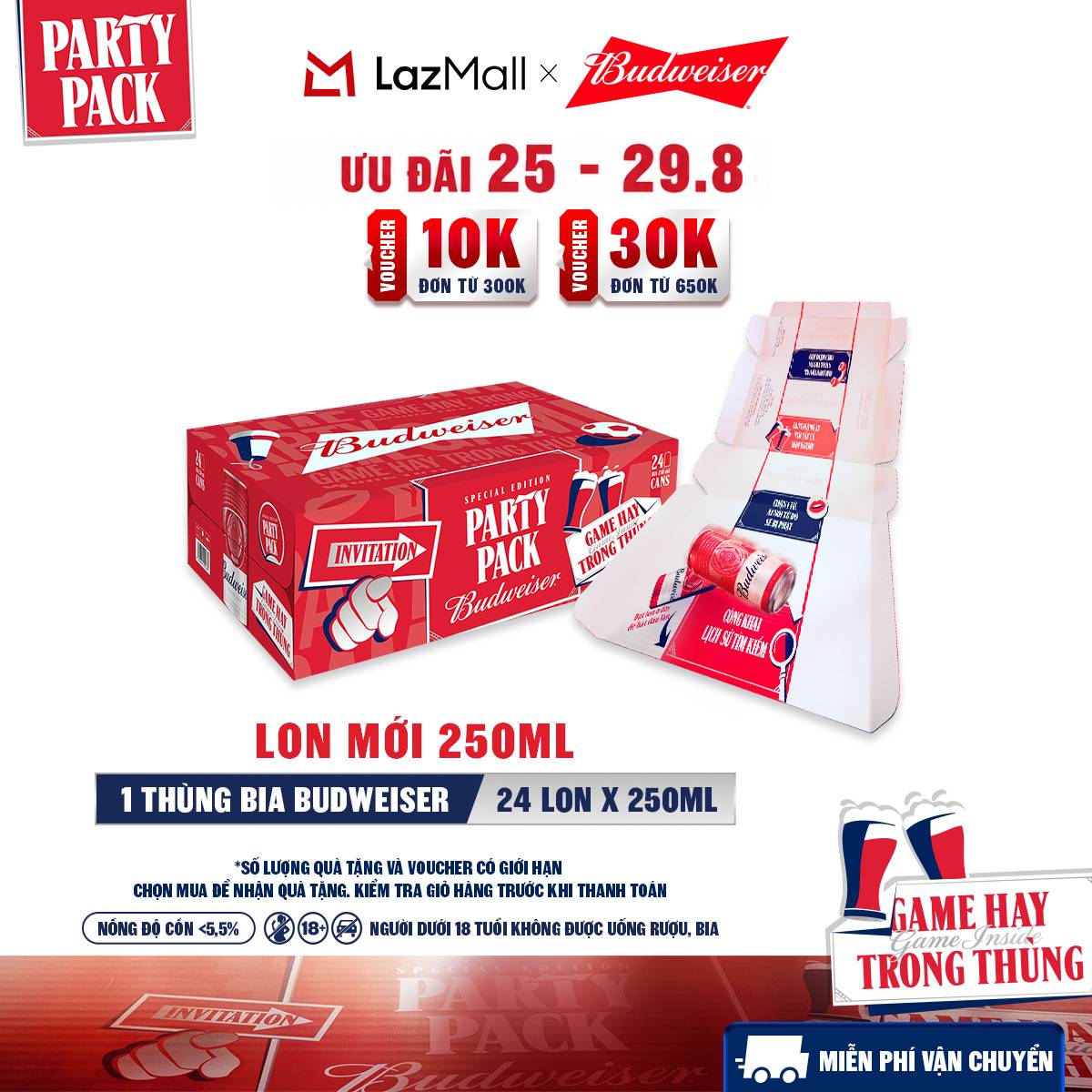 Thùng 24 Lon Bia Budweiser PartyPack Chính Hãng (250ml/lon)