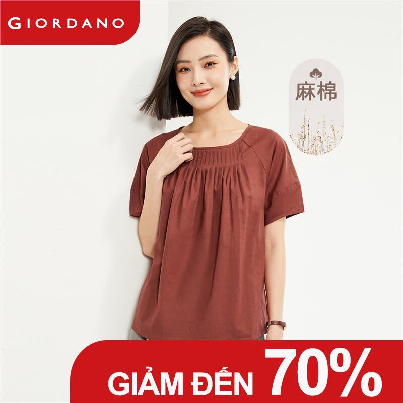 GIORDANO Nữ Áo Kiểu Linen Cotton Nhẹ Áo Cổ Tròn Raglan Tay Đơn Giản Cơ Bản Thời Trang Sơ Mi 05344478