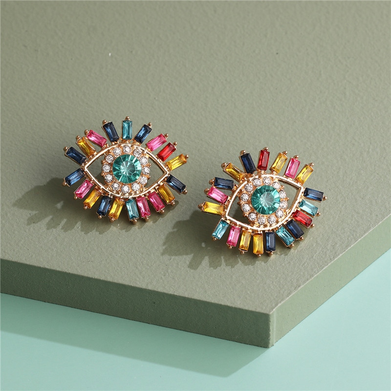 【YF】۩♚  JURAN New Rhinestone Hollow Enamel Evil Eye Stud Earrings For Women Fashion Multicolored Earring