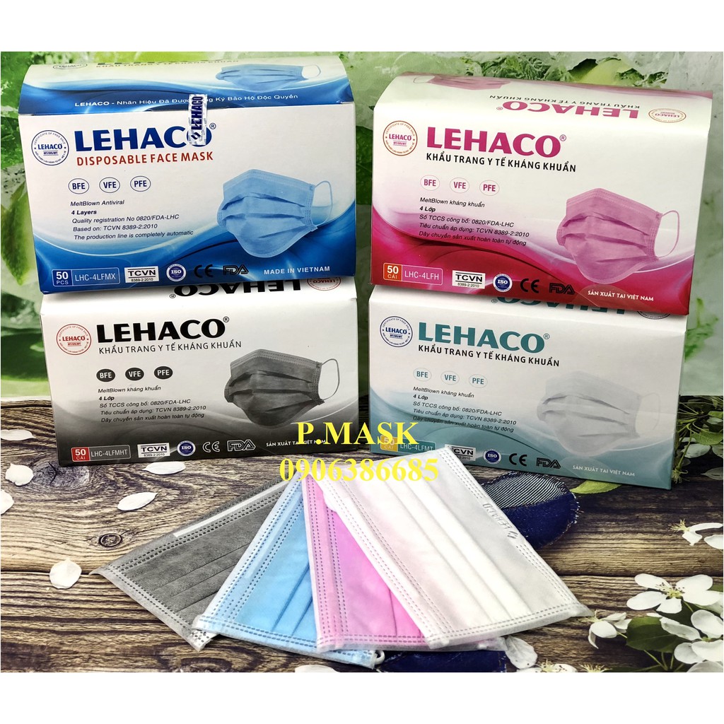 Khẩu trang y tế Lehaco 4 Lớp Màu Hồng / Trắng / Xanh / Xám kháng khuẩn 50 cái / hộp - Khẩu trang y tế kháng khuẩn Lehaco