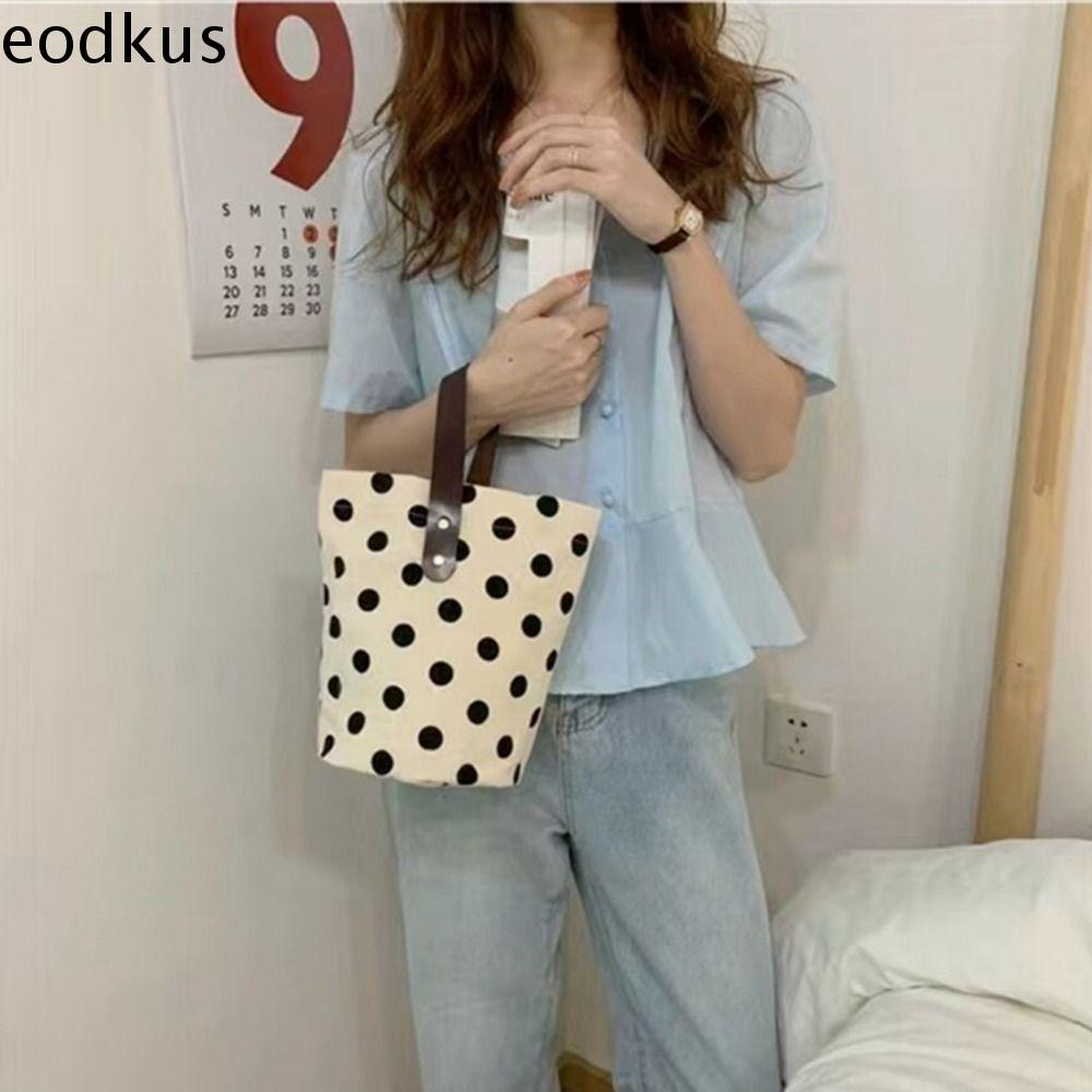 EODKUS Sức chứa lớn Túi xô vải chấm bi Phong cách Hàn Quốc Điểm sóng Túi xách Tất cả phù hợp Túi đựng đồ ăn trưa Túi cho mẹ Túi mua sắm