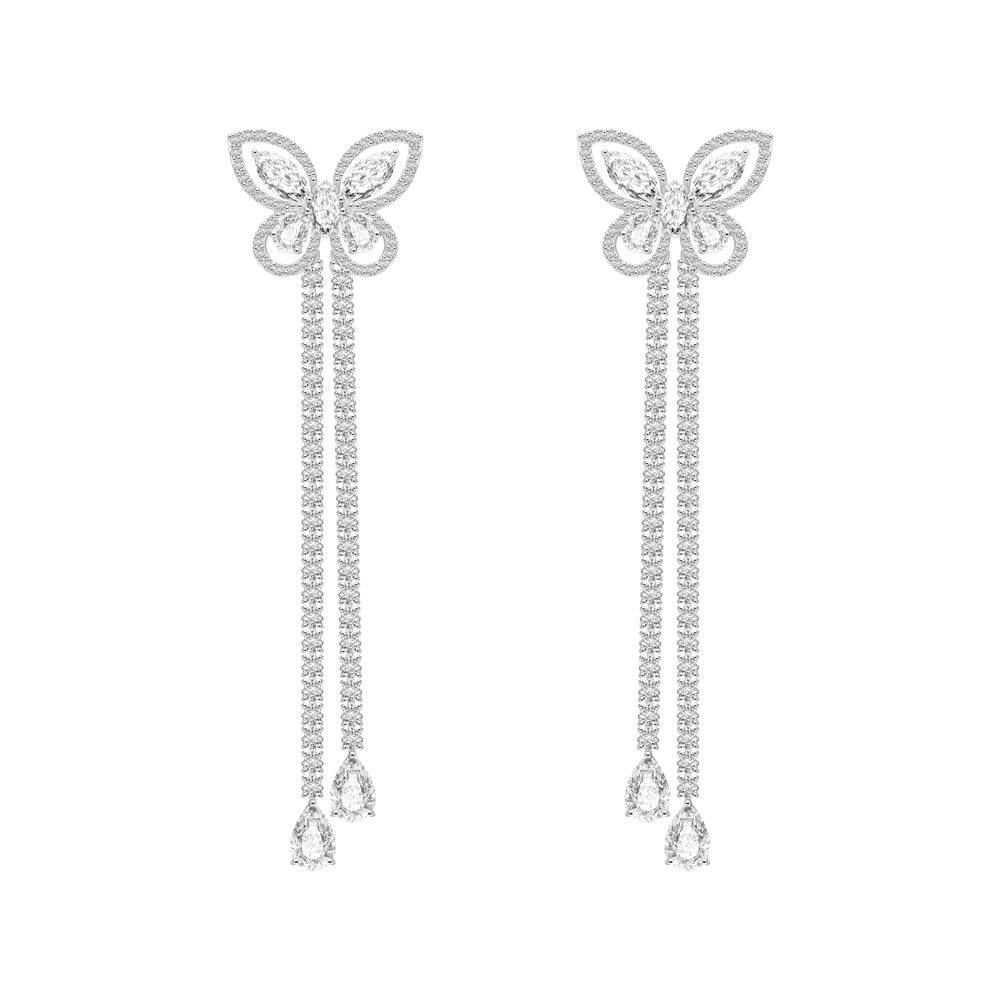 Papillon: Silver rhodium plated with Marquise-cut CZ glasswing butterfly long drop earrings 221E0580-01 ราคา 15,000 บาท*ส่งฟรี