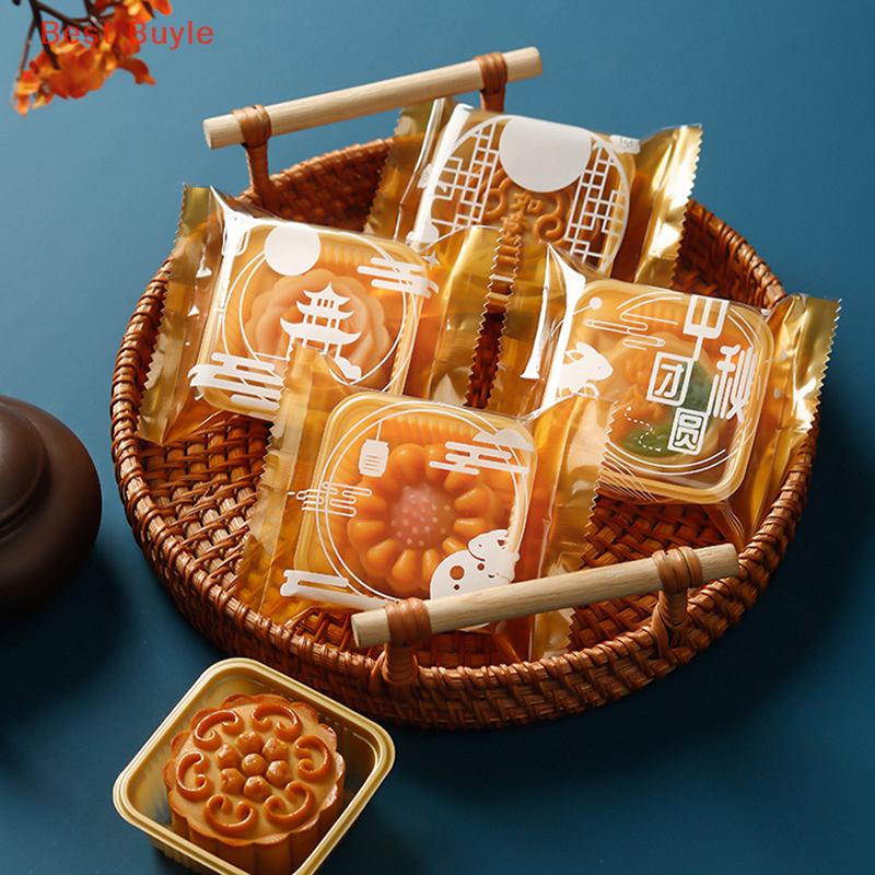 💖Best Buyle 100 cái khay đựng bánh trung thu hình vuông Túi Đựng Bánh Trung Thu có nắp đậy hộp đựng thực phẩm Hộp đựng bánh nhựa màu vàng cho bánh quy bánh Tart trứng
