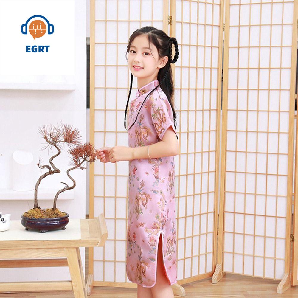 EGRT Mềm Cổ điển Tinh tế Thiết kế thích hợp Họa Tiết Rồng Phượng Hoàng Mùa Thu Quà Tặng Con Gái Thoải mái Sườn xám bé gái Váy bé gái Đầm phong cách Trung Quốc Váy qipao truyền thống cho trẻ em