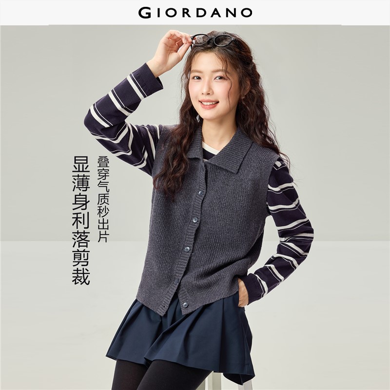 GIORDANO Women Cardigans Turndown Collar Knit Vests Button Closure Sleeveless Fashionable Casual Relaxed Knit Vests 13356622