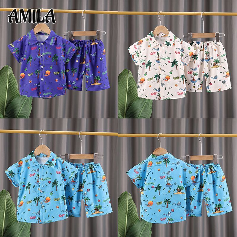 AMILA Summer Children's Beach Suit Tropical Printing Soft Cotton Fabric Water Splashing Short Sleeve Shorts ราคา 160 บาท*ส่งฟรี