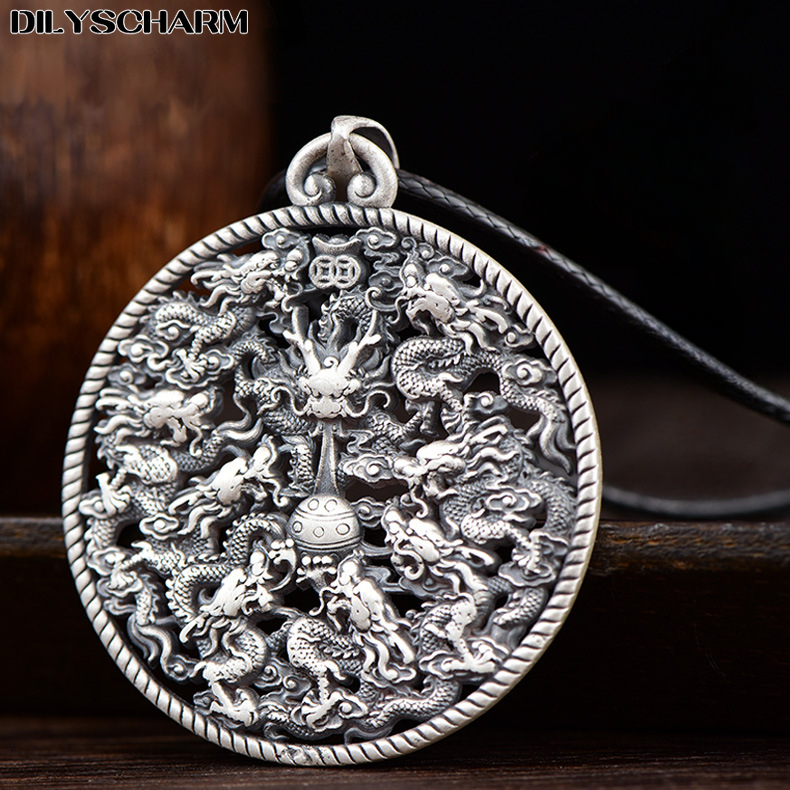 Dilyscharm may mắn mạ bạc chín con rồng Mặt dây chuyền cho nam giới