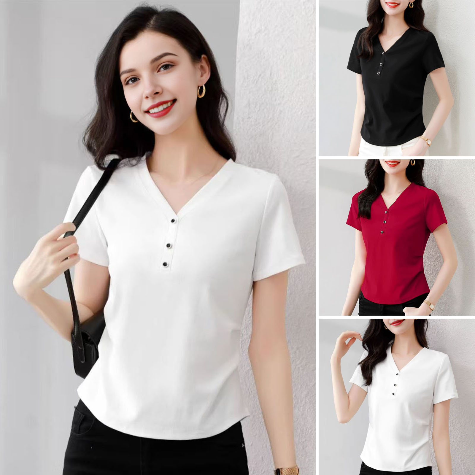 Figure-flattering V-neck Tee Women T-shirt V-neck Buttoned Women's T-shirt Slim Fit Soft Top