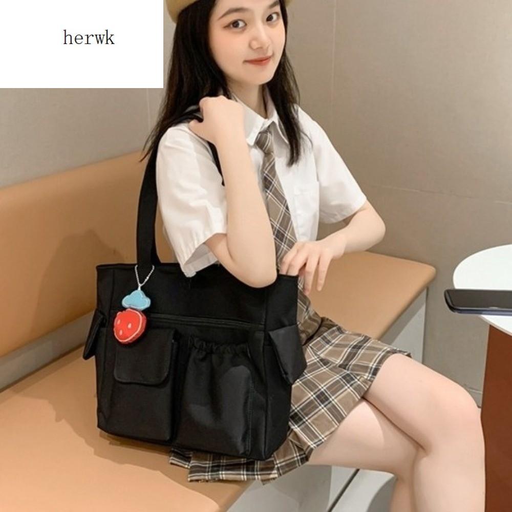 HERWK Màu sắc đồng nhất Túi Tote Canvas Dung lượng lớn Nylon Túi đeo vai Nhật Bản Đơn giản Phong cách Hàn Quốc Túi học sinh Ngoài trời