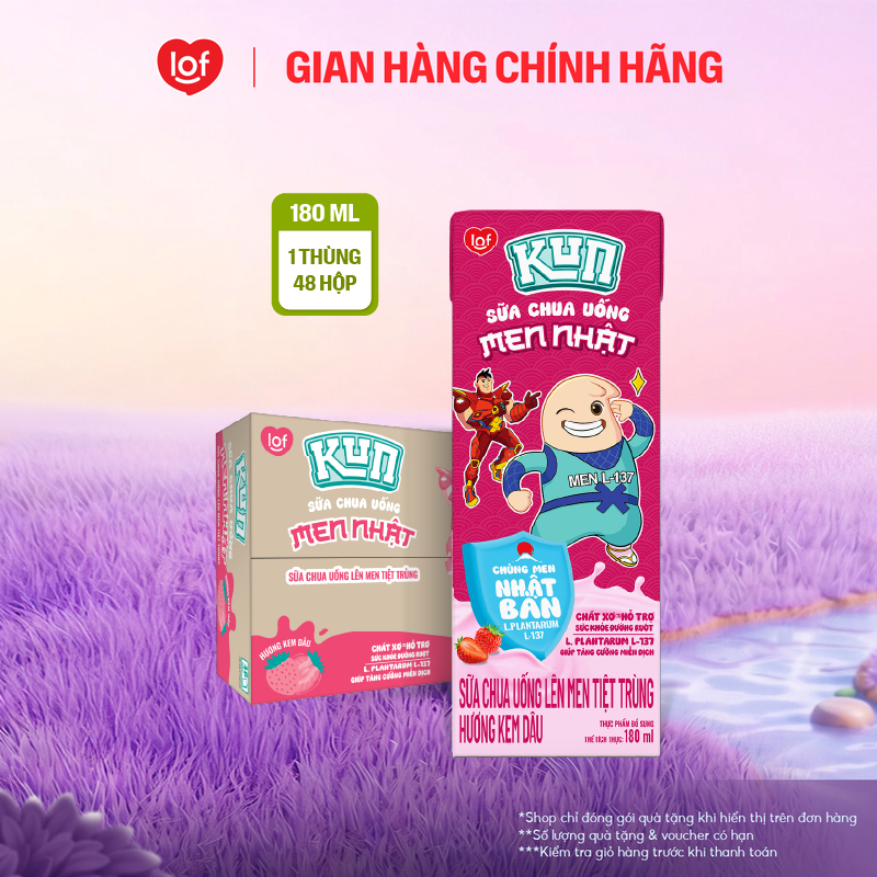 Sữa chua uống KUN vị kem dâu thùng 48 hộp x 180ml (Có thể nhận bao bì cũ/mới)