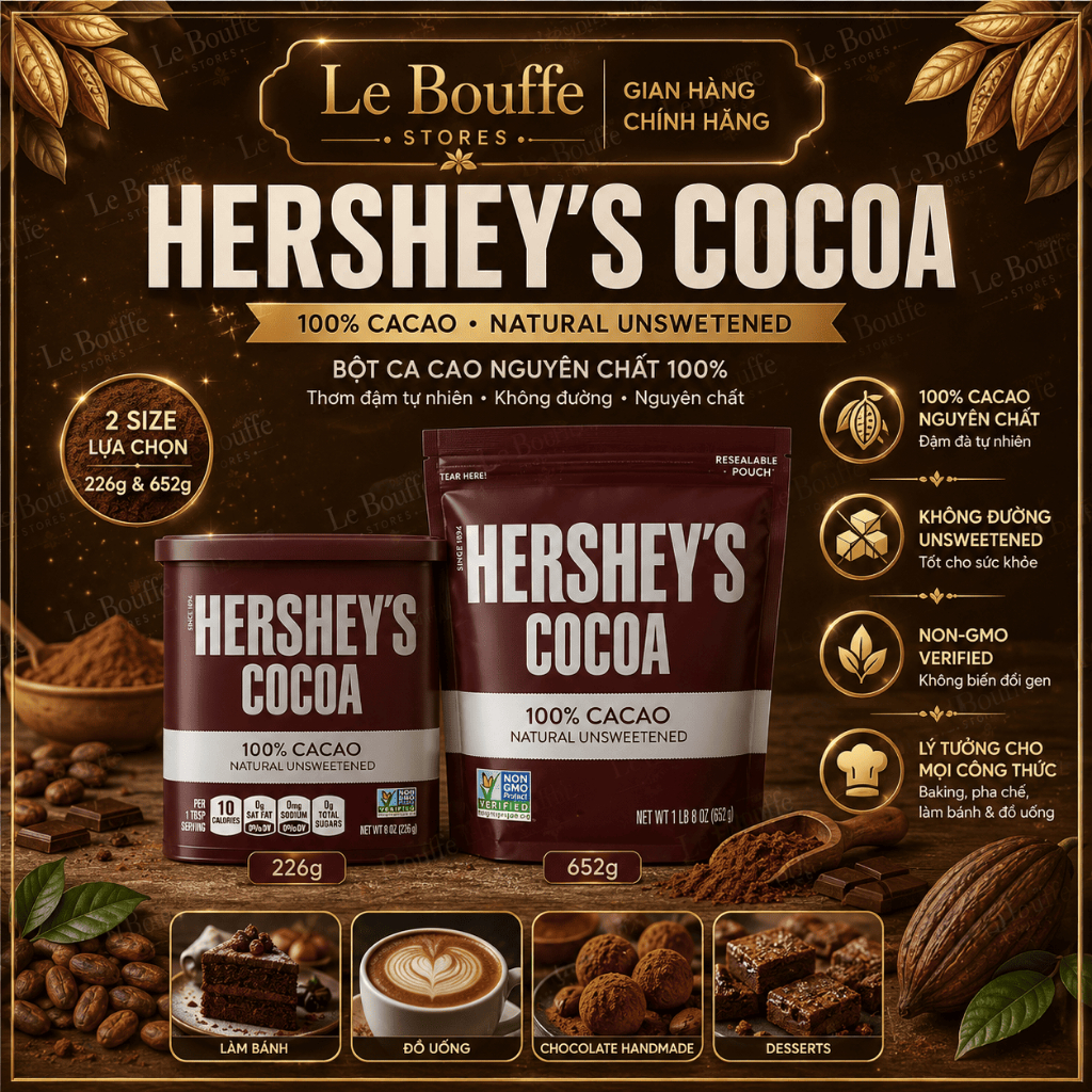 Bột Cacao Nguyên Chất Hershey's Cocoa 100% Cacao Tự Nhiên Không Đường Hộp 226g / Túi 652g (Made in USA)