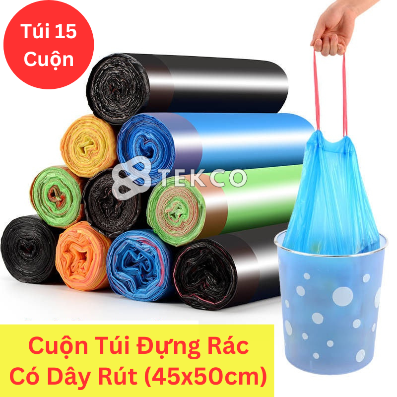 Cuộn túi đựng rác tự phân huỷ có dây rút 45x50cm - bao rác có dây rút tiện lợi
