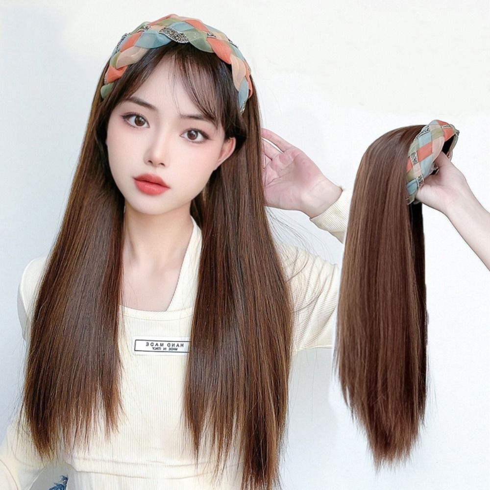 Cherry6 Fluffy dễ thương màu Nâu Cô Gái phụ nữ tóc nối tổng hợp tự nhiên hairpieces vô hình dài lượn sóng Headband Tóc Giả đầy màu sắc bện nửa Headband Tóc Giả thẳng xoăn Headband tóc giả tóc giả chịu nhiệt