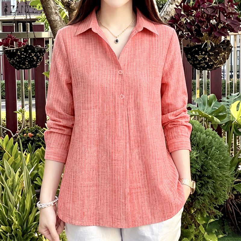 ZANZEA Korean Style Women Streetwear Fashion Half-Button Stripe Print Shirt Long Sleeve Lapel Top #0824