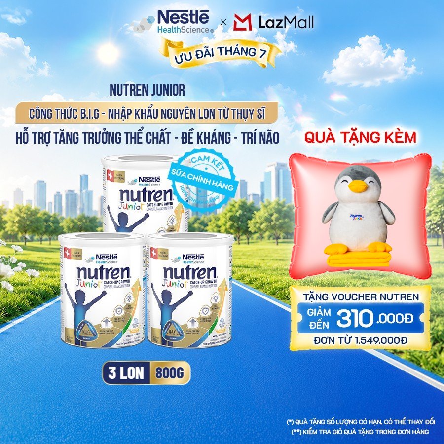 Bộ 3 Sữa Bột Dinh Dưỡng Y Học NESTLÉ NUTREN JUNIOR Xuất Xứ Thụy Sĩ Công Thức BIG Hỗ Trợ Tăng Trưởng Thể Chất,Trí Não,Đề Kháng Cho Bé 800G